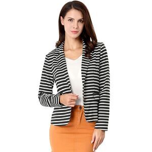 Notched Lapel Pocket Button Closure Striped Blazer Black